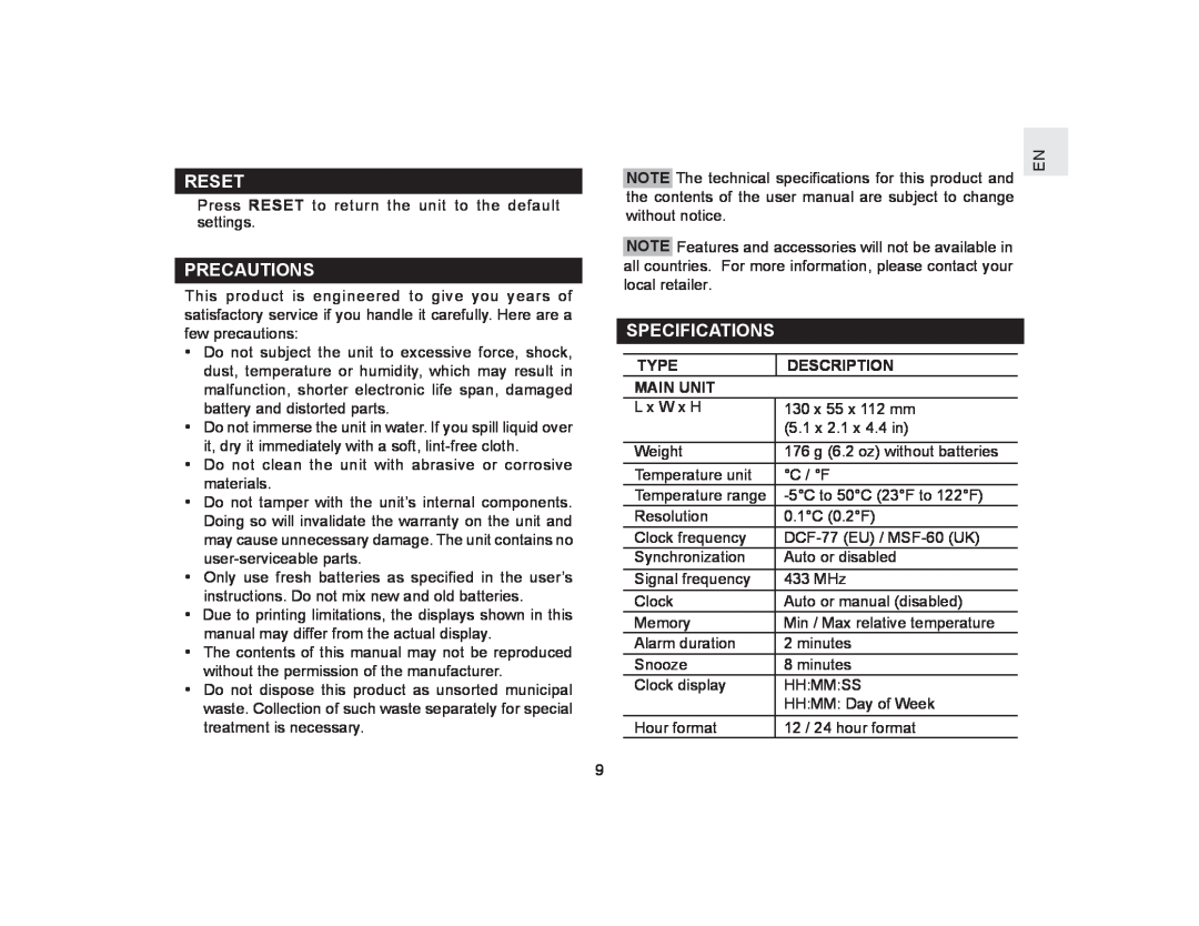 Oregon Scientific BAR386 user manual Reset, Precautions, Specifications, Type, Main Unit, Description 