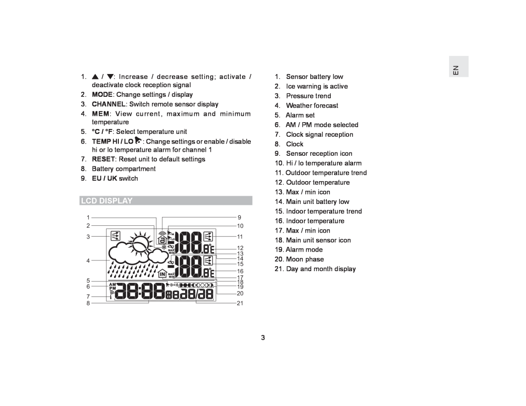 Oregon Scientific BAR386 user manual Lcd Display, EU / UK switch 