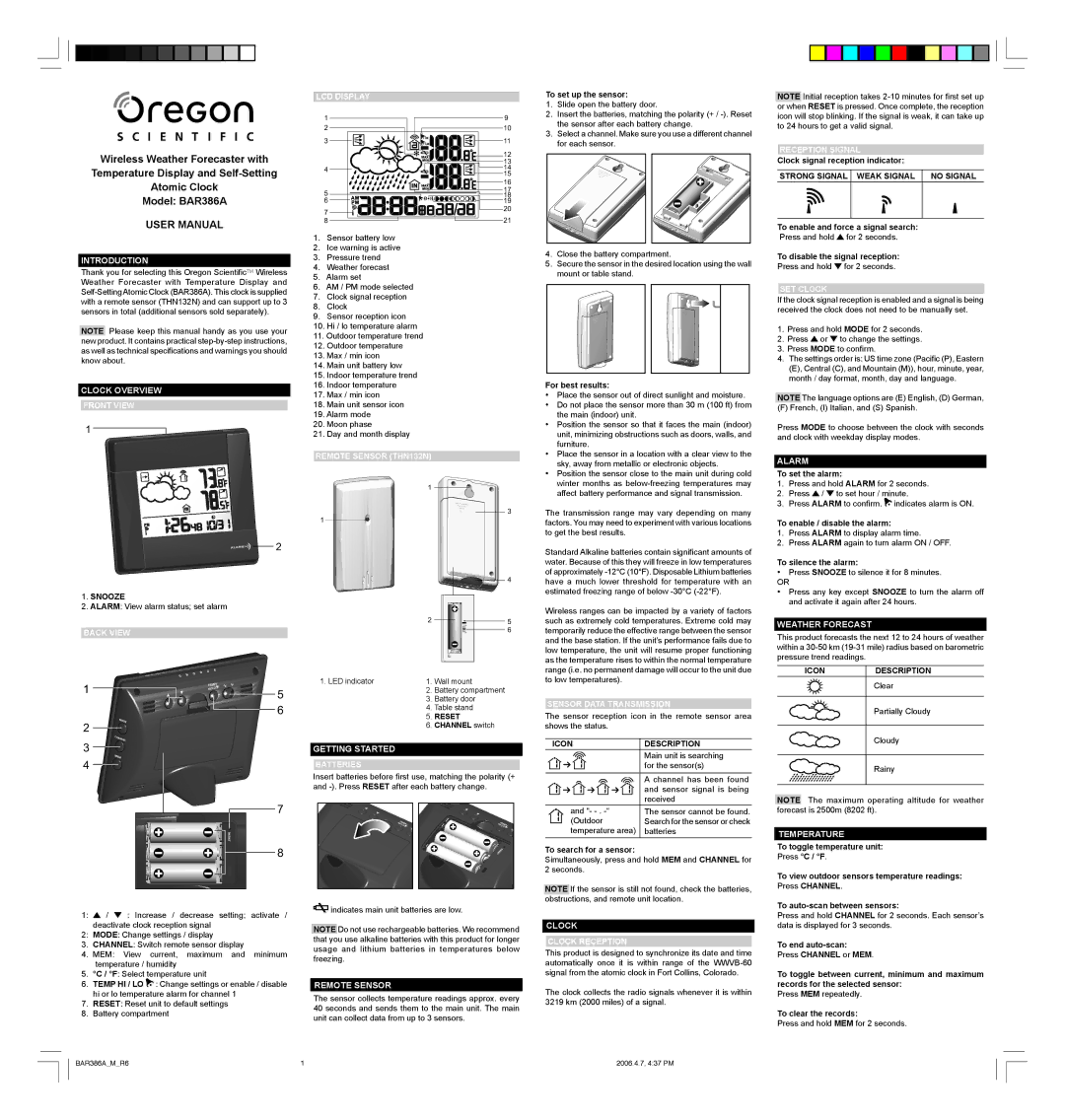 Oregon Scientific BAR386A user manual Introduction, Clock Overview, Getting Started, Remote Sensor, Alarm, Temperature 