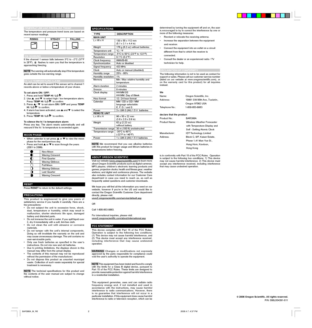 Oregon Scientific BAR386A Moon Phase, Reset, Precautions, Specifications, About Oregon Scientific, FCC Statement 