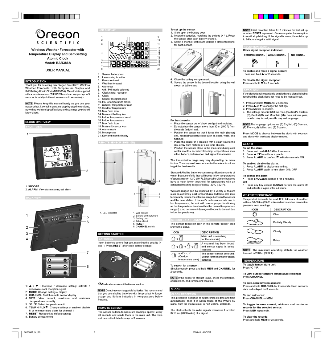 Oregon Scientific BAR386A user manual Introduction, Clock Overview, Getting Started, Remote Sensor, Alarm, Temperature 