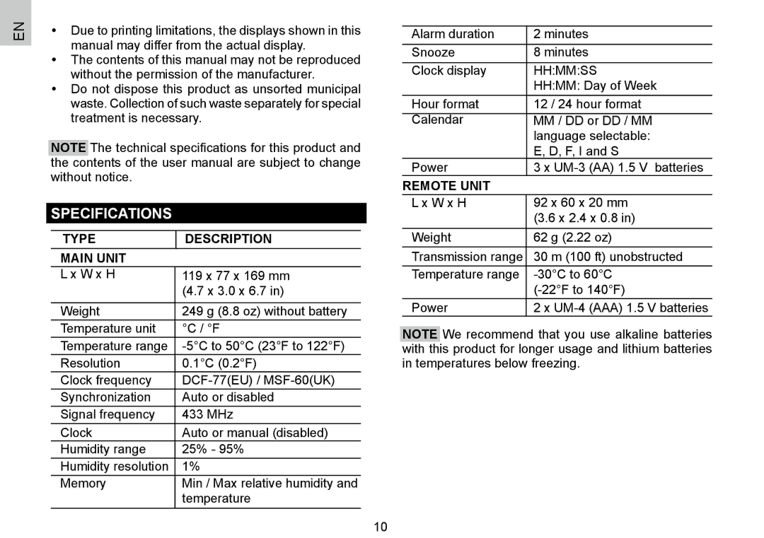 Oregon Scientific 086L004438-013, BAR388HG user manual Specifications, Type Description Main Unit, Remote Unit 