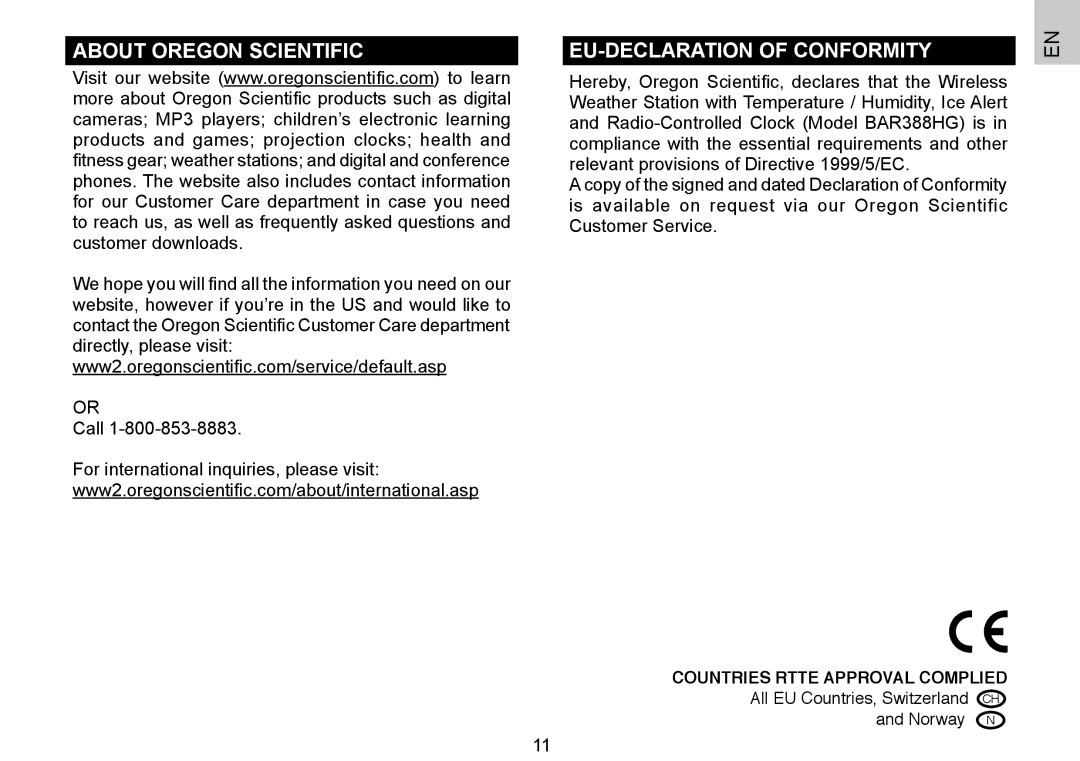 Oregon Scientific BAR388HG, 086L004438-013 user manual About Oregon Scientific, EU-DECLARATION of Conformity 