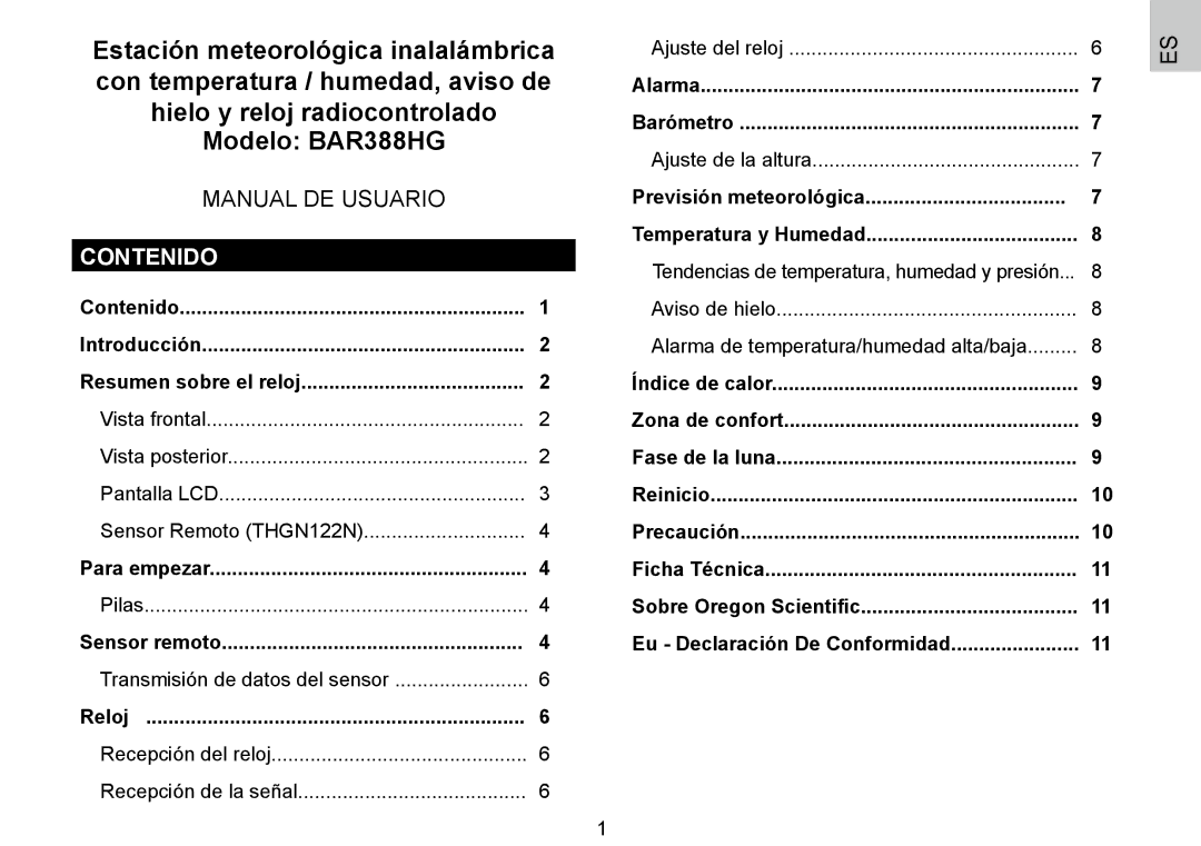 Oregon Scientific 086L004438-013, BAR388HG Contenido, Previsión meteorológica, Alarma de temperatura/humedad alta/baja 