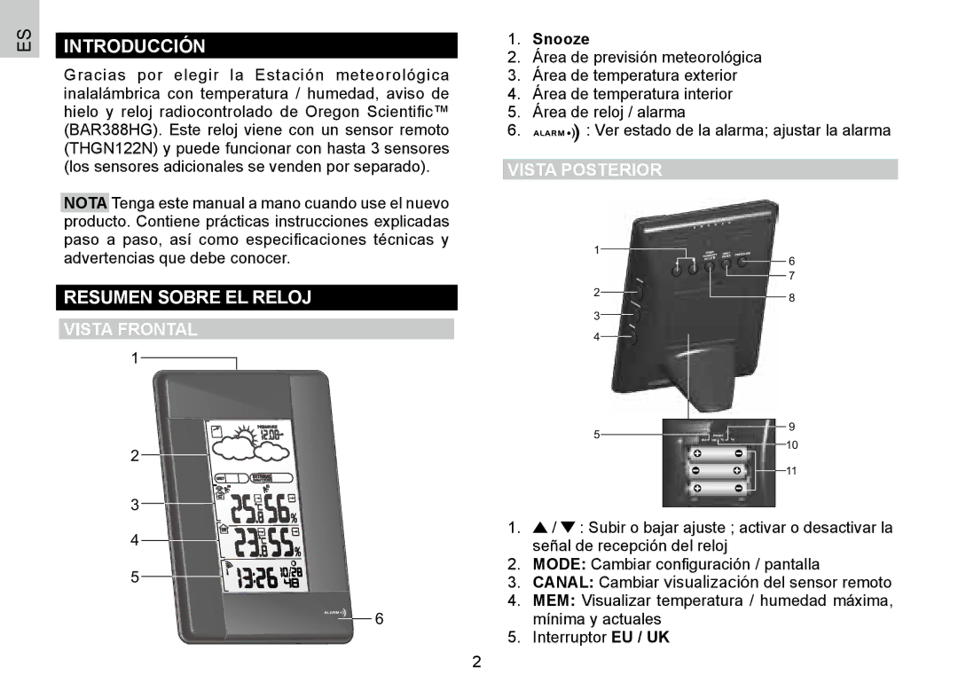 Oregon Scientific BAR388HG, 086L004438-013 Introducción, Resumen Sobre EL Reloj, Vista Frontal, Vista Posterior, Snooze 