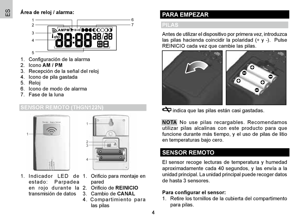 Oregon Scientific BAR388HG, 086L004438-013 user manual Para Empezar, Sensor Remoto THGN122N, Pilas 