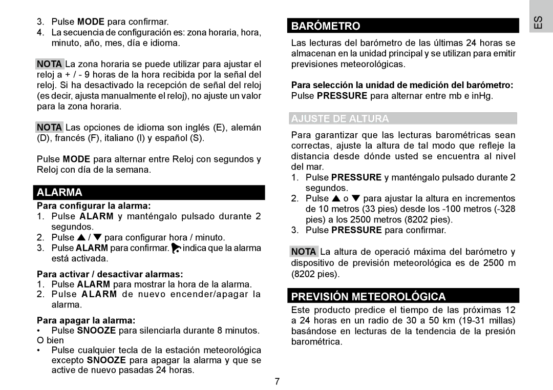 Oregon Scientific 086L004438-013, BAR388HG user manual Alarma, Barómetro, Previsión Meteorológica, Ajuste DE Altura 