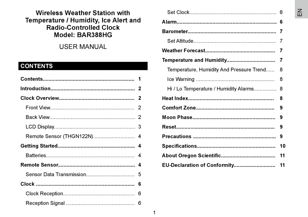 Oregon Scientific BAR388HG, 086L004438-013 user manual Contents 