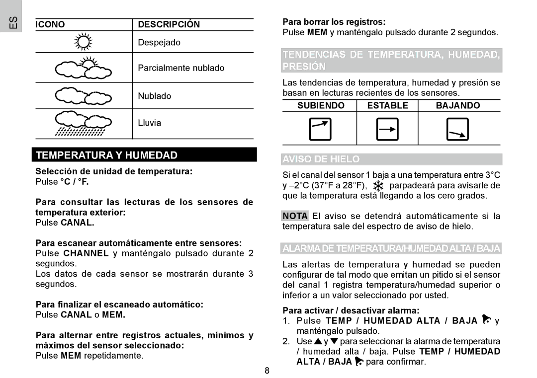 Oregon Scientific BAR388HG user manual Temperatura Y Humedad, Tendencias DE TEMPERATURA, HUMEDAD, Presión, Aviso DE Hielo 