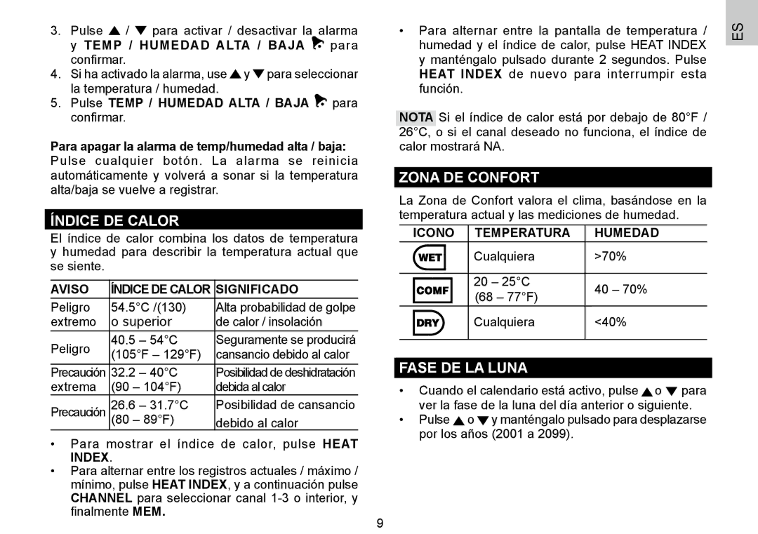 Oregon Scientific 086L004438-013, BAR388HG user manual Índice DE Calor, Zona DE Confort, Fase DE LA Luna 