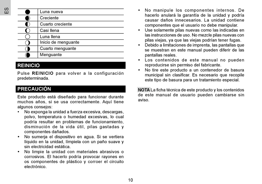 Oregon Scientific BAR388HG, 086L004438-013 user manual Reinicio, Precaución 