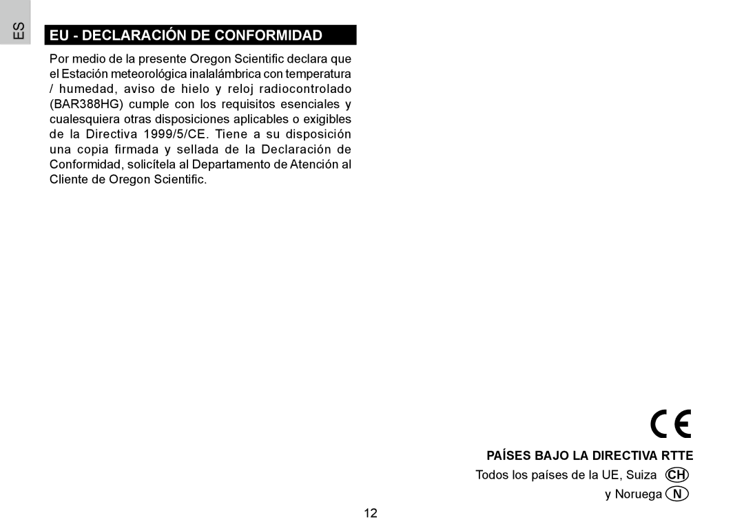 Oregon Scientific BAR388HG, 086L004438-013 user manual EU Declaración DE Conformidad, Países Bajo LA Directiva Rtte 