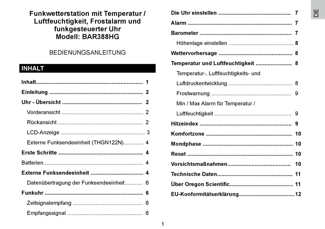 Oregon Scientific 086L004438-013, BAR388HG Inhalt, Temperatur-, Luftfeuchtigkeits- und, Min / Max Alarm für Temperatur 