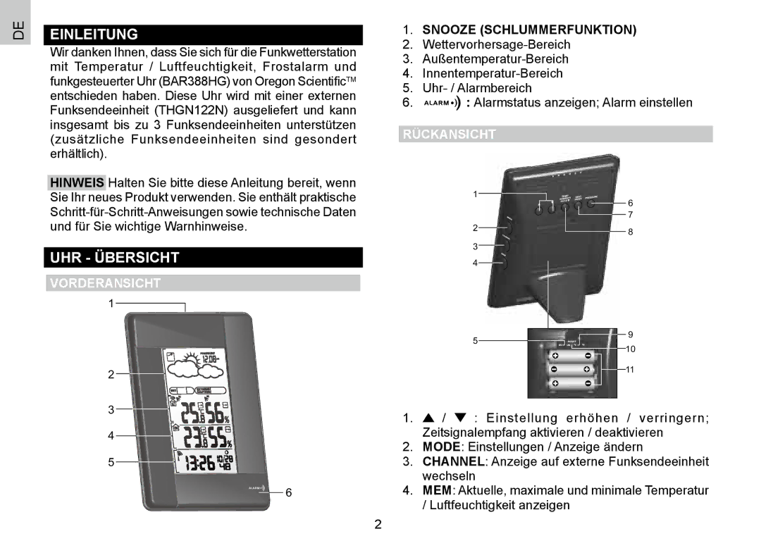 Oregon Scientific BAR388HG, 086L004438-013 Einleitung, UHR Übersicht, Snooze Schlummerfunktion, Rückansicht Vorderansicht 