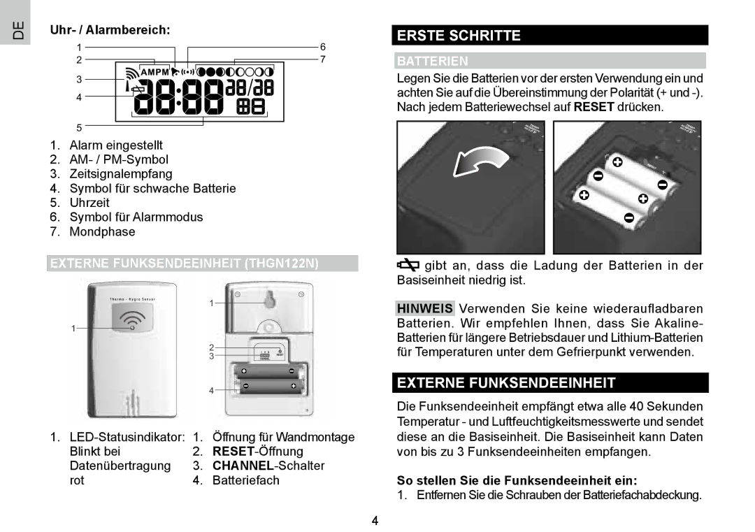 Oregon Scientific BAR388HG, 086L004438-013 user manual Erste Schritte, Externe Funksendeeinheit THGN122N, Batterien 