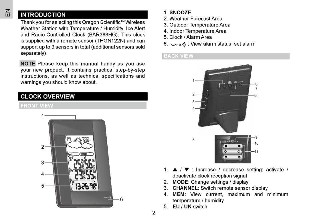 Oregon Scientific 086L004438-013, BAR388HG user manual Introduction, Clock Overview, Front View, Back View 