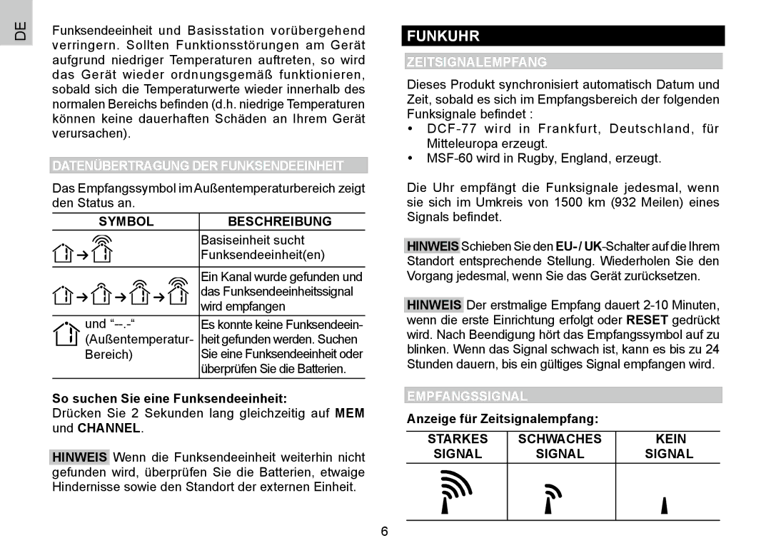 Oregon Scientific BAR388HG user manual Funkuhr, Datenübertragung DER Funksendeeinheit, Zeitsignalempfang, Empfangssignal 