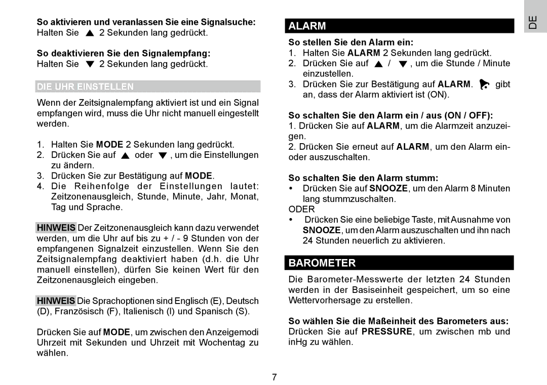 Oregon Scientific 086L004438-013, BAR388HG user manual Alarm, DIE UHR Einstellen 