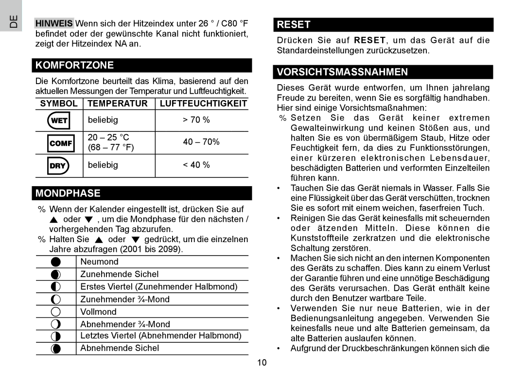 Oregon Scientific BAR388HG, 086L004438-013 Komfortzone, Mondphase, Vorsichtsmassnahmen, Symbol Temperatur Luftfeuchtigkeit 