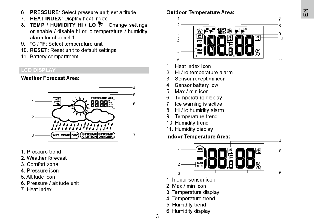 Oregon Scientific BAR388HG LCD Display, Weather Forecast Area, Outdoor Temperature Area, Indoor Temperature Area 