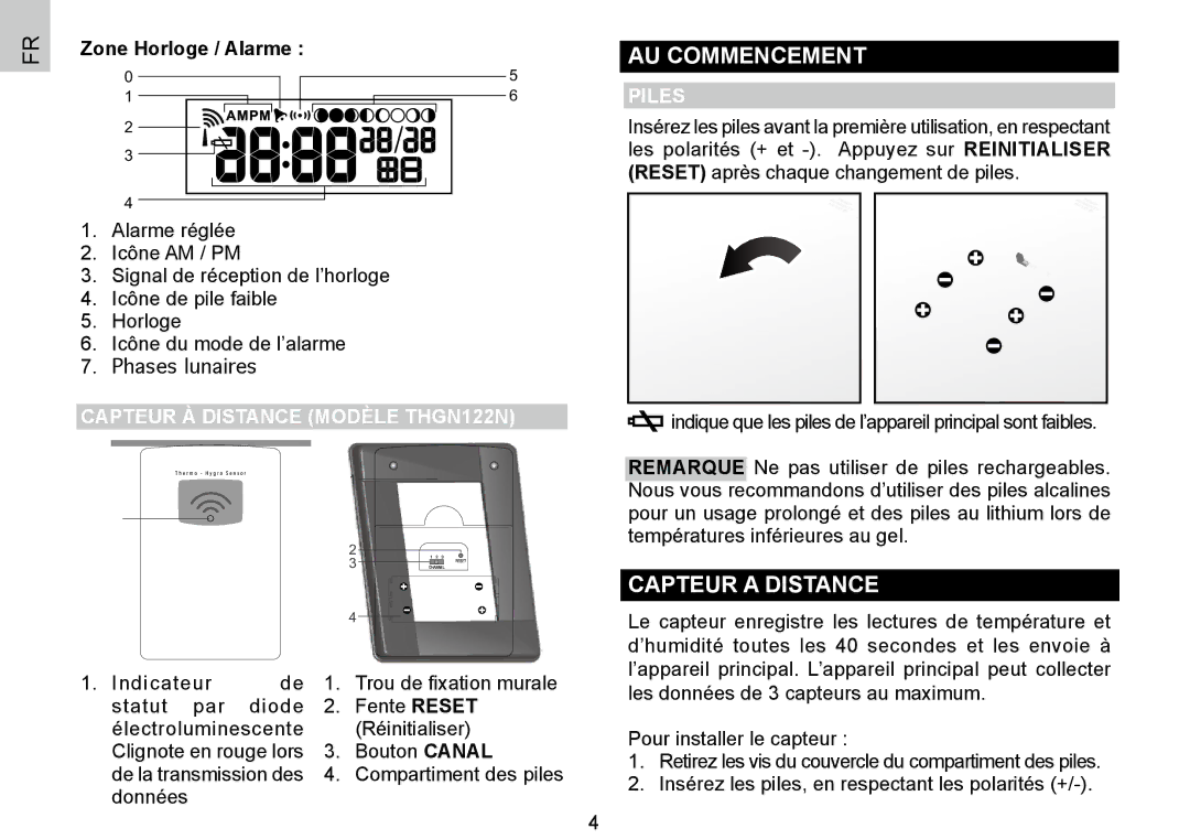 Oregon Scientific BAR388HG AU Commencement, Capteur a Distance, Zone Horloge / Alarme, Capteur À Distance Modèle THGN122N 
