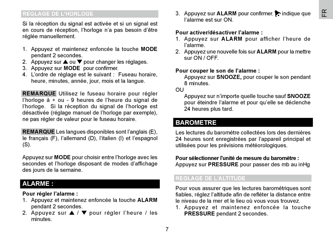 Oregon Scientific 086L004438-013, BAR388HG user manual Alarme, Barometre, Reglage DE L’HORLOGE, Reglage DE L’ALTITUDE 