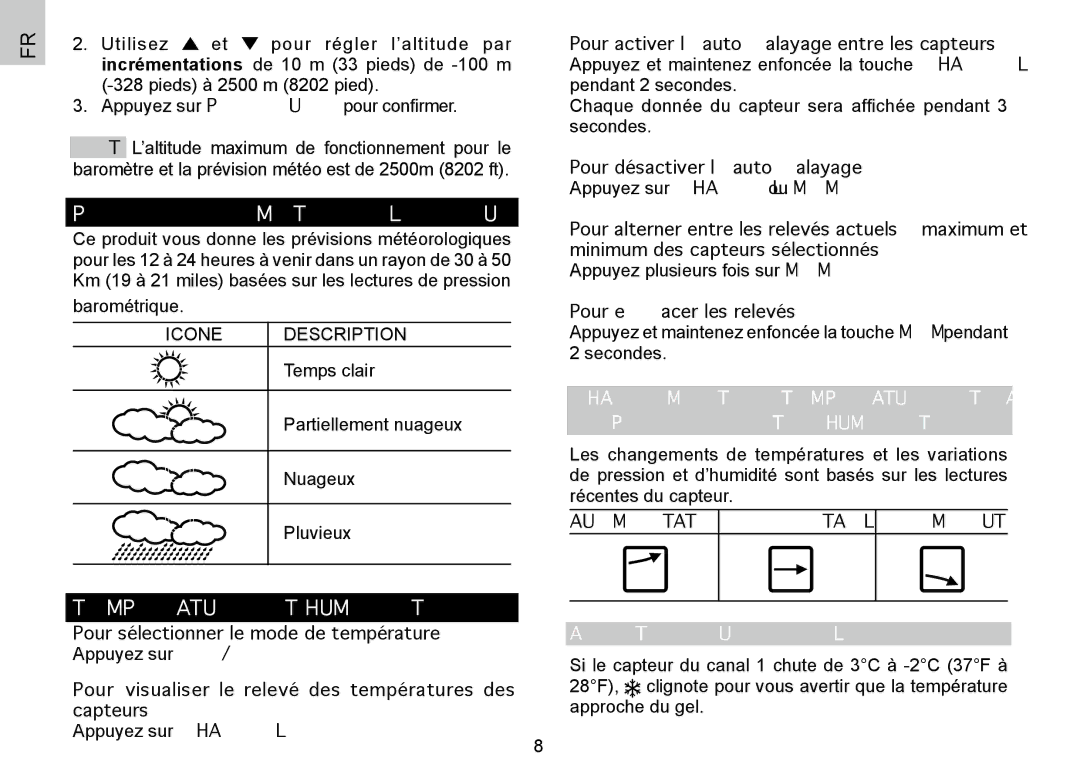 Oregon Scientific BAR388HG user manual Prevision Meteorologique, Temperature ET Humidite, Augmentation Stable Diminution 