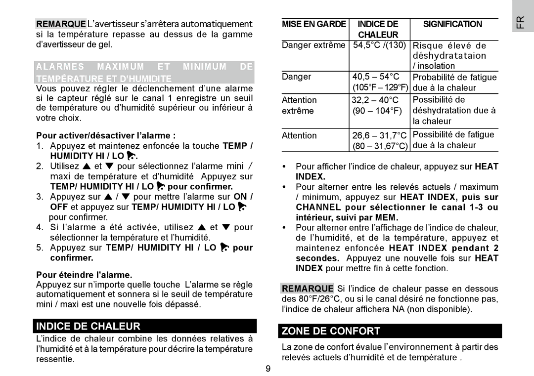 Oregon Scientific 086L004438-013, BAR388HG user manual Indice DE Chaleur, Zone DE Confort 