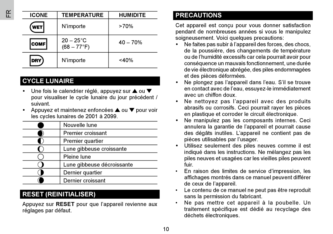 Oregon Scientific BAR388HG, 086L004438-013 user manual Cycle Lunaire, Reset Reinitialiser, Icone Temperature Humidite 