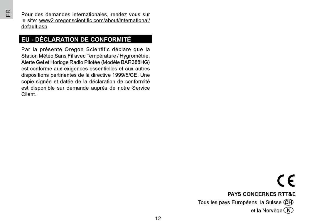 Oregon Scientific BAR388HG, 086L004438-013 user manual EU Déclaration DE Conformité, Pays Concernes RTT&E 