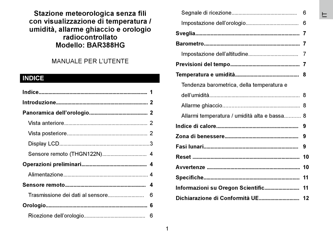 Oregon Scientific 086L004438-013, BAR388HG user manual Indice, Tendenza barometrica, della temperatura e 