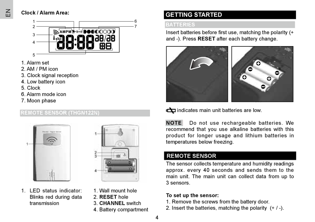 Oregon Scientific 086L004438-013, BAR388HG user manual Getting Started, Remote Sensor THGN122N, Batteries 