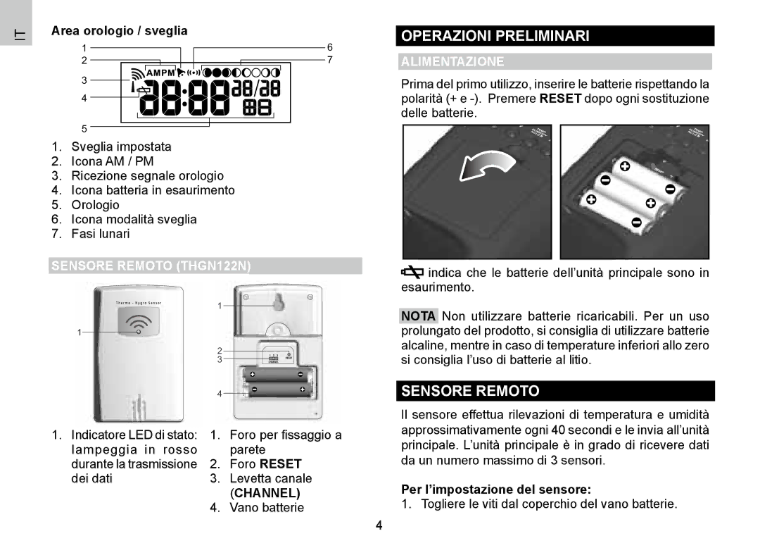 Oregon Scientific BAR388HG, 086L004438-013 Operazioni Preliminari, Sensore Remoto THGN122N, Channel, Alimentazione 