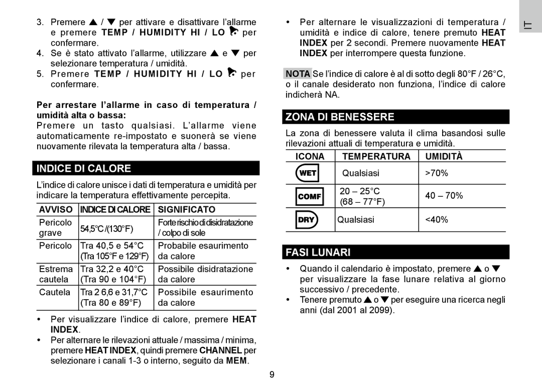 Oregon Scientific 086L004438-013, BAR388HG user manual Indice DI Calore, Zona DI Benessere, Fasi Lunari 