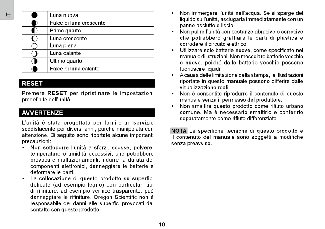 Oregon Scientific BAR388HG, 086L004438-013 user manual Reset, Avvertenze 