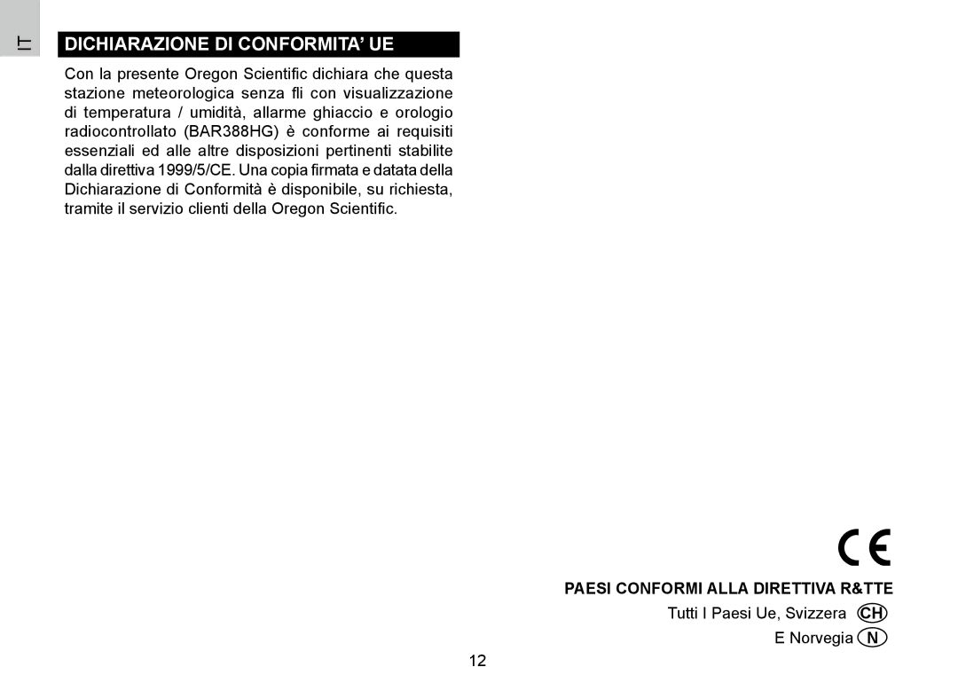 Oregon Scientific BAR388HG, 086L004438-013 user manual Dichiarazione DI CONFORMITA’ UE, Paesi Conformi Alla Direttiva R&TTE 