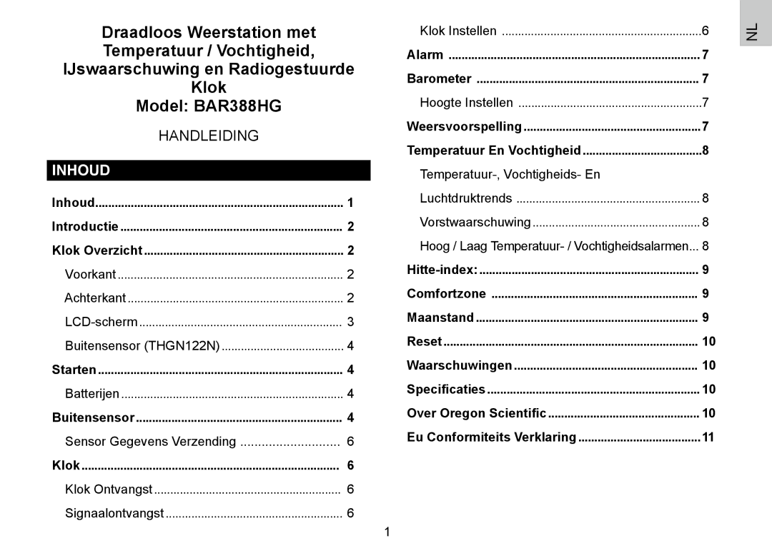 Oregon Scientific 086L004438-013, BAR388HG user manual Inhoud, Temperatuur-, Vochtigheids- En 