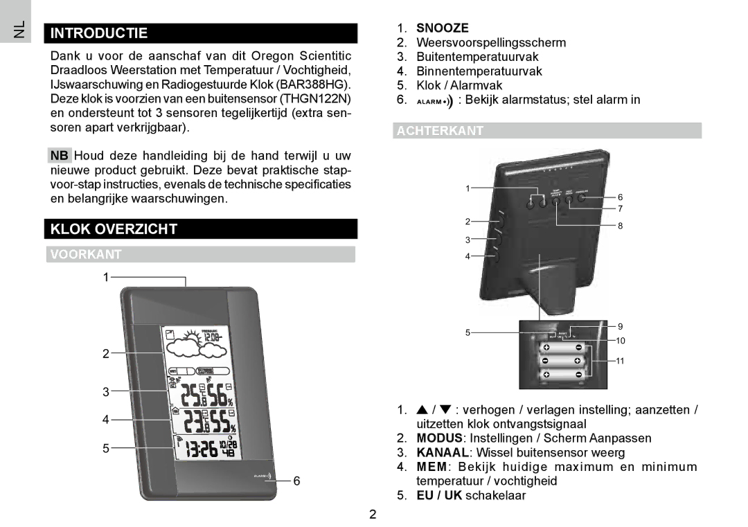 Oregon Scientific BAR388HG, 086L004438-013 user manual Introductie, Klok Overzicht, Voorkant, Achterkant 