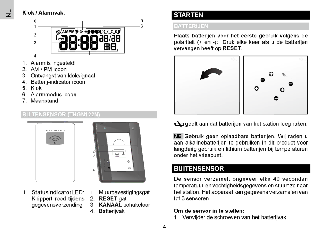 Oregon Scientific BAR388HG, 086L004438-013 user manual Starten, Buitensensor THGN122N, Batterijen 