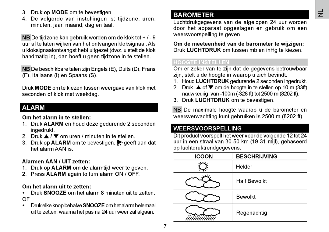 Oregon Scientific 086L004438-013 Weersvoorspelling, Om het alarm in te stellen, Alarmen AAN / UIT zetten, Hoogte Instellen 