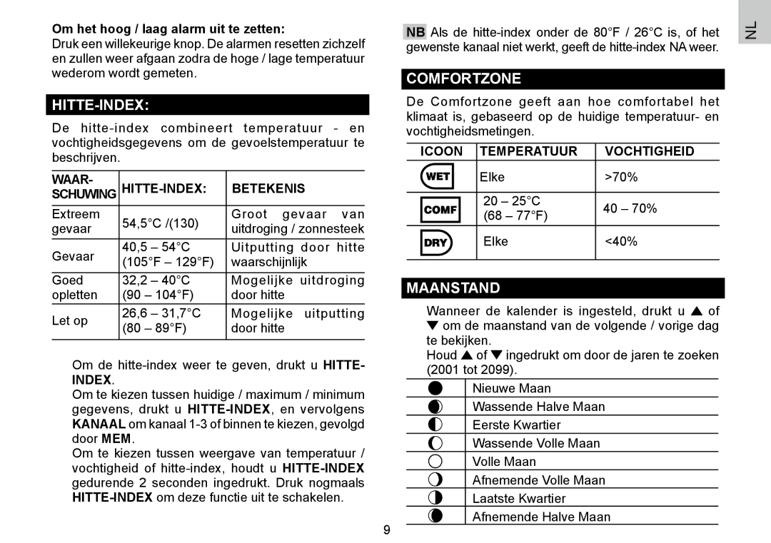 Oregon Scientific 086L004438-013, BAR388HG user manual Hitte-Index, Comfortzone, Maanstand, Waar HITTE-INDEX Betekenis 