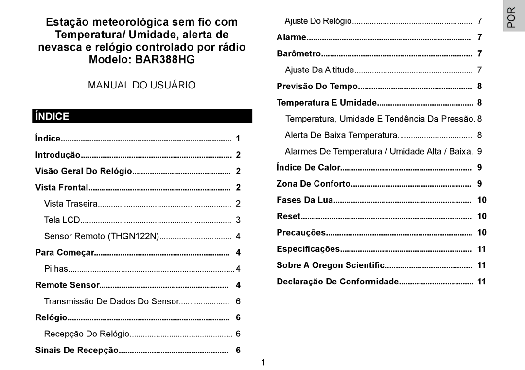 Oregon Scientific BAR388HG, 086L004438-013 user manual Índice, Temperatura, Umidade E Tendência Da Pressão 