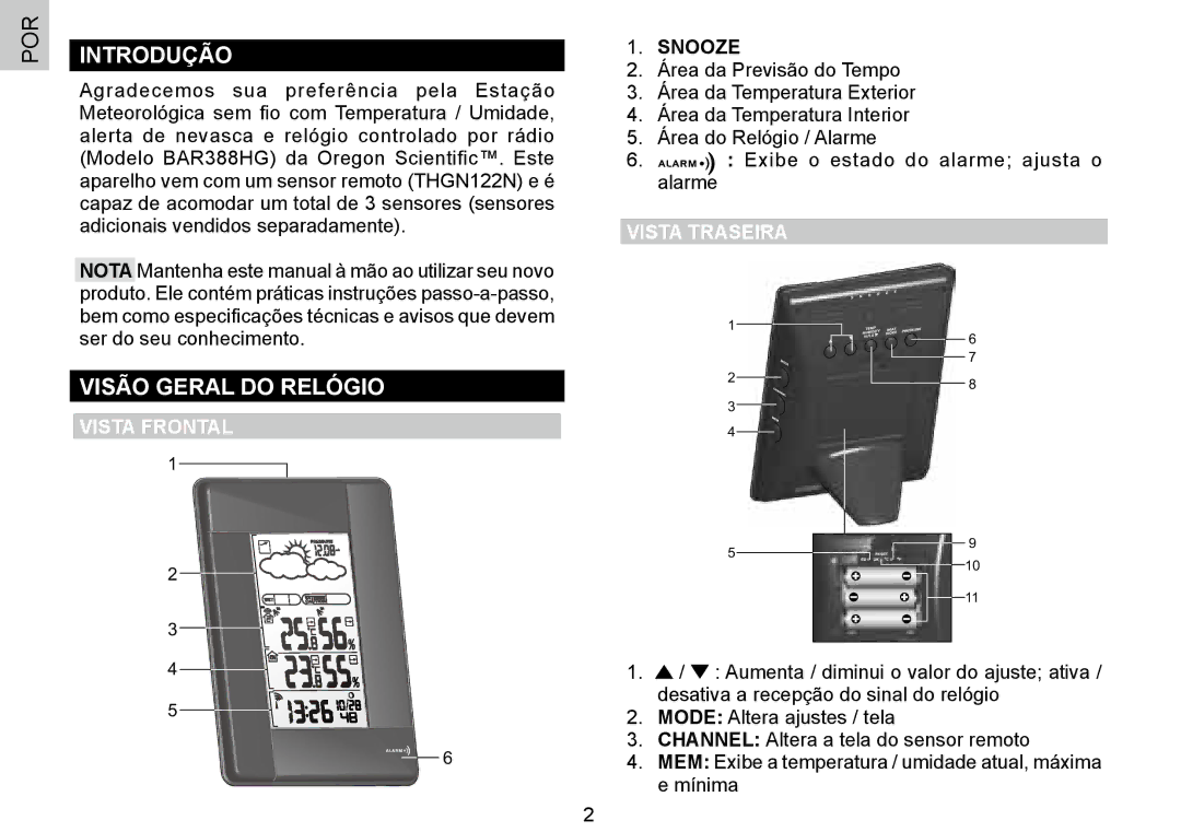 Oregon Scientific 086L004438-013, BAR388HG user manual Introdução, Visão Geral do Relógio, Vista Frontal, Vista Traseira 