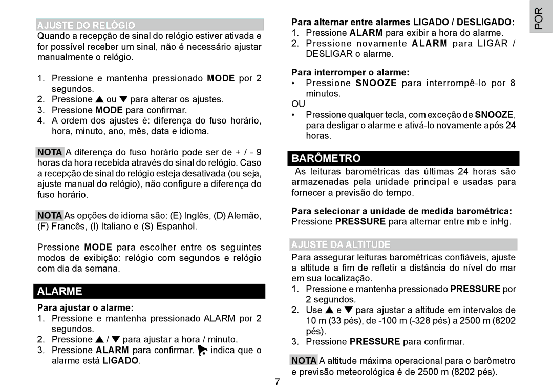 Oregon Scientific BAR388HG, 086L004438-013 user manual Barômetro, Ajuste do Relógio, Ajuste DA Altitude 