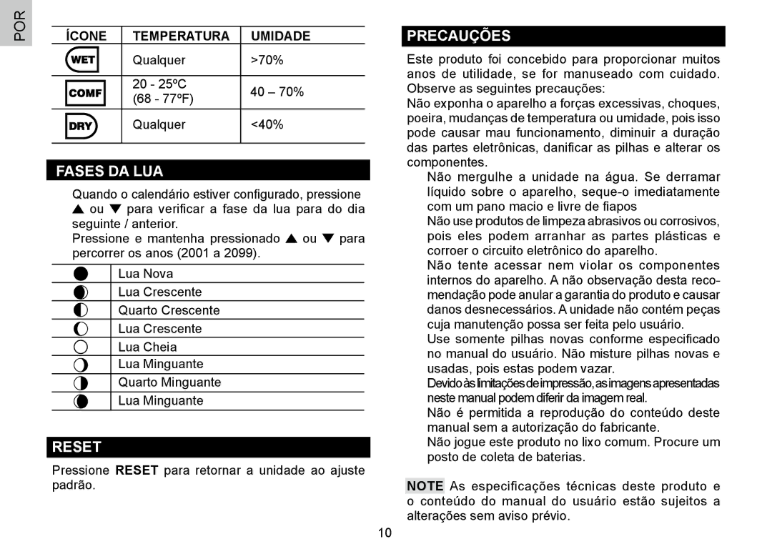 Oregon Scientific 086L004438-013, BAR388HG user manual Fases DA LUA, Precauções, Ícone Temperatura Umidade 