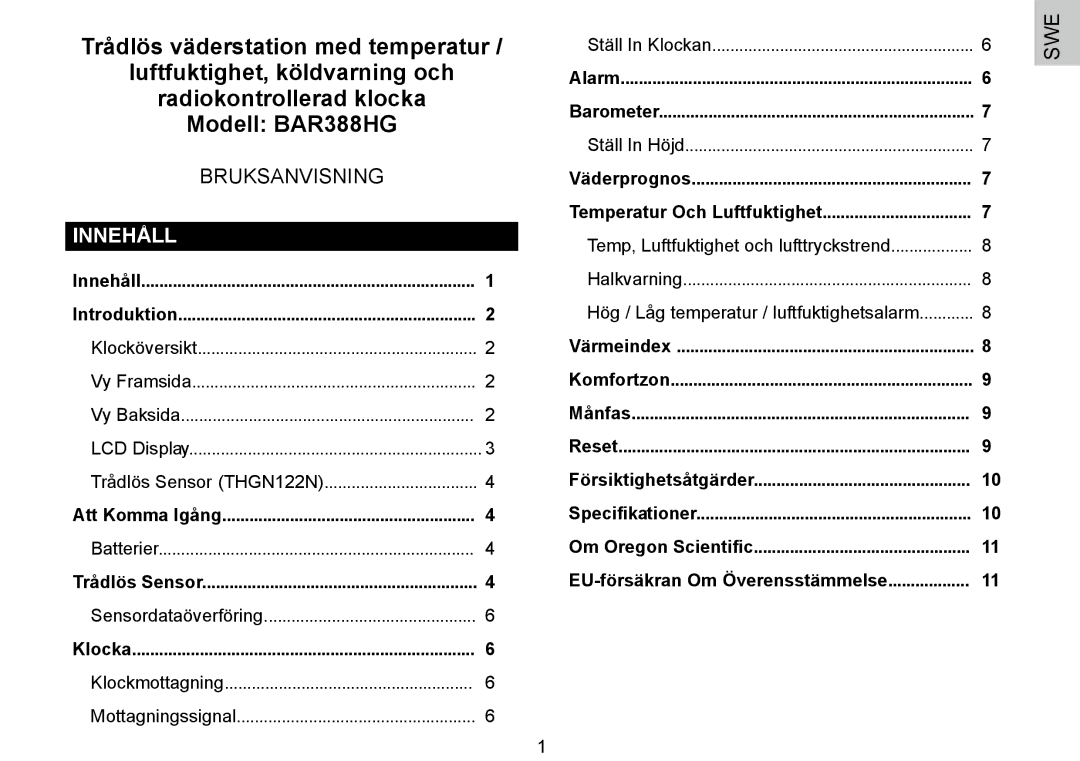 Oregon Scientific 086L004438-013, BAR388HG user manual Innehåll, Hög / Låg temperatur / luftfuktighetsalarm 