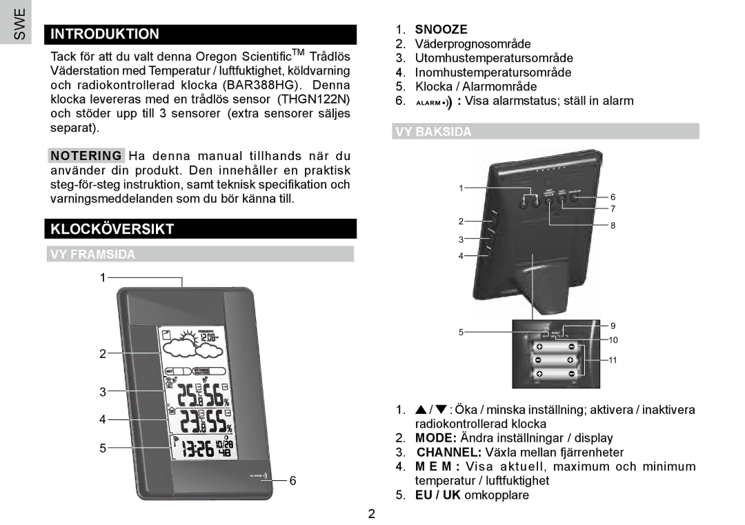 Oregon Scientific BAR388HG, 086L004438-013 user manual Introduktion, Klocköversikt, VY Framsida, VY Baksida 