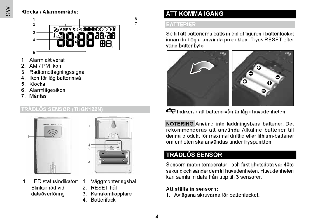 Oregon Scientific BAR388HG, 086L004438-013 user manual ATT Komma Igång, Trådlös Sensor THGN122N, Batterier 