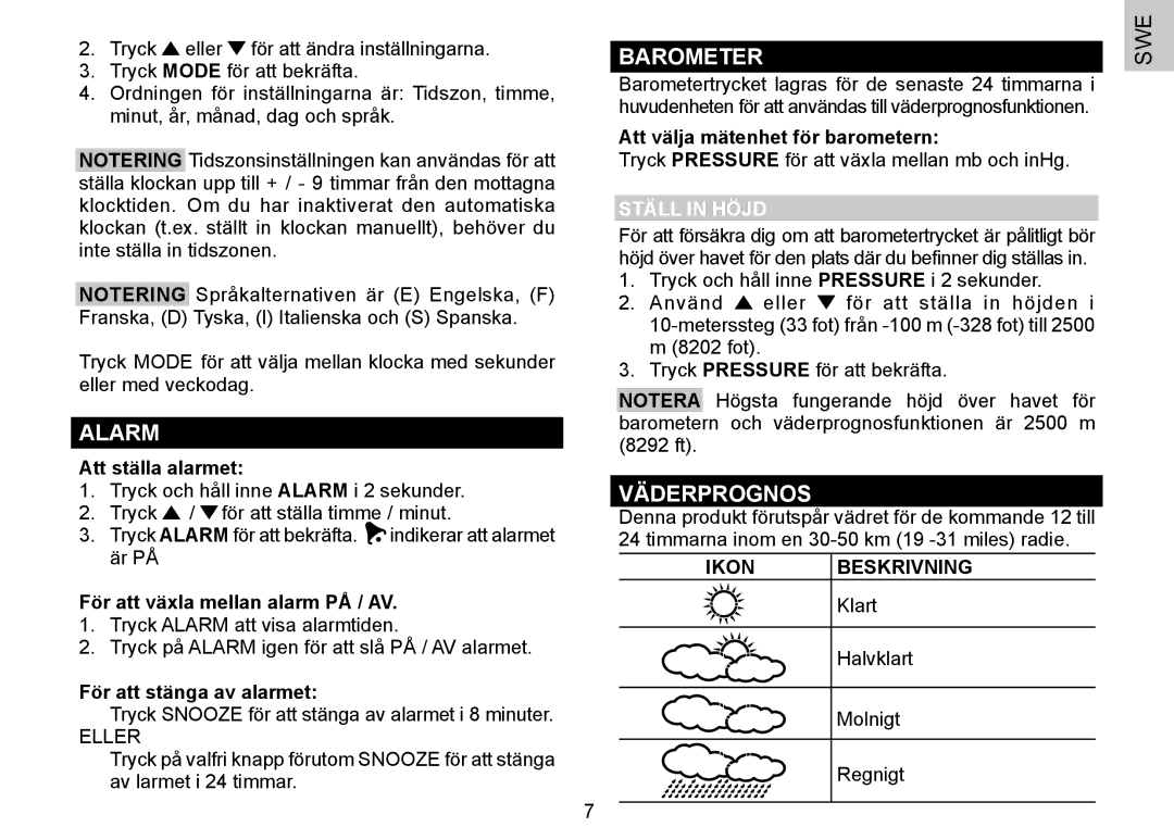 Oregon Scientific 086L004438-013, BAR388HG user manual Väderprognos, Ställ in Höjd 