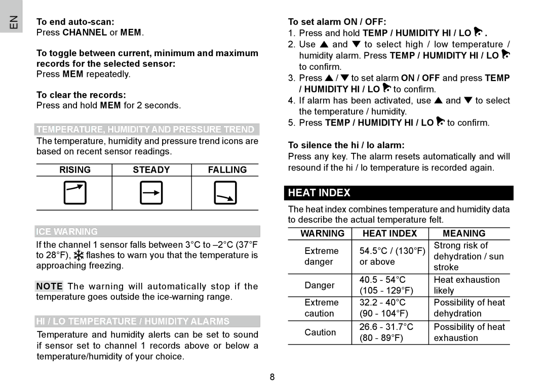 Oregon Scientific 086L004438-013, BAR388HG user manual Heat Index, TEMPERATURE, Humidity and Pressure Trend, ICE Warning 